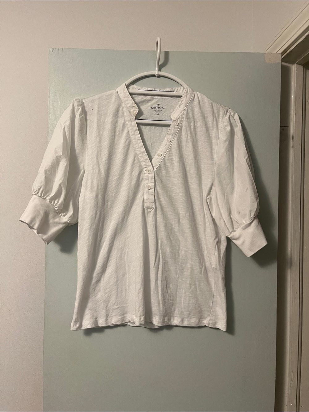 Habitual White Puff Sleeve Henley Blouse